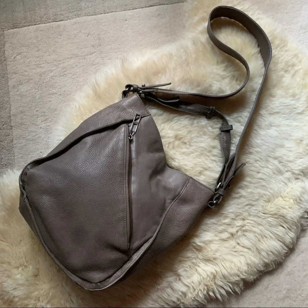 Kelsi Dagger Izzy Convertible Calf Leather Diagonal Hobo Bag Taupe Beige